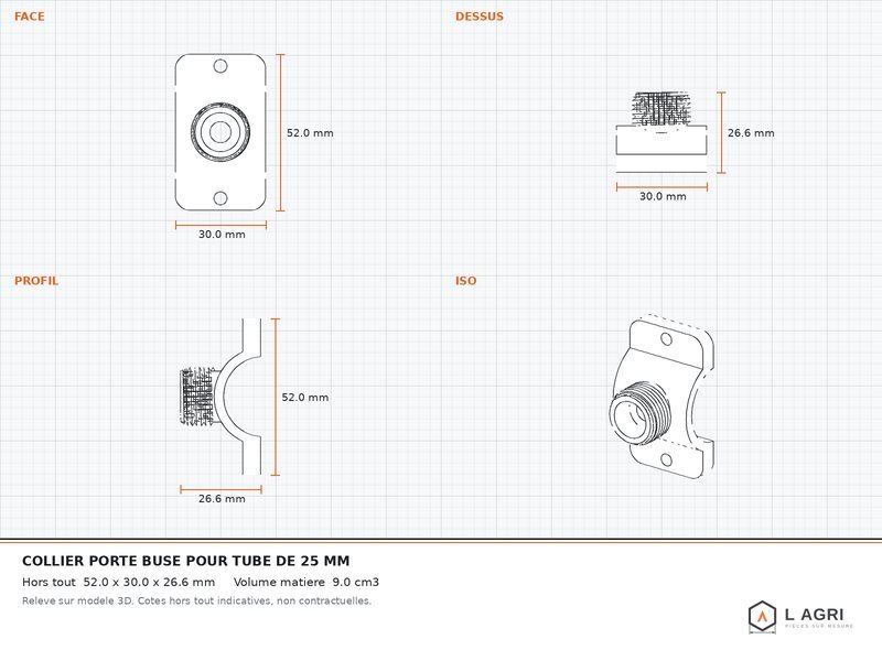Collier porte buse pour tube de 25 mm, plan coté relevé par rétro ingénierie