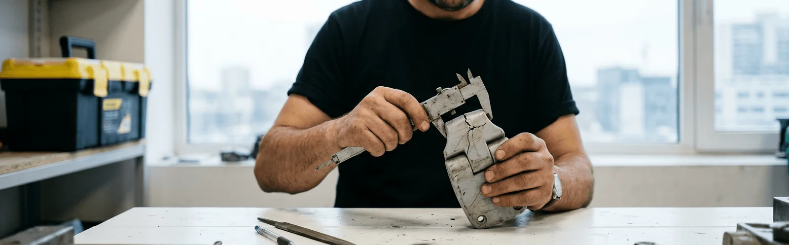 Un artisan mesure au pied à coulisse une pièce plastique fissurée sur un établi.